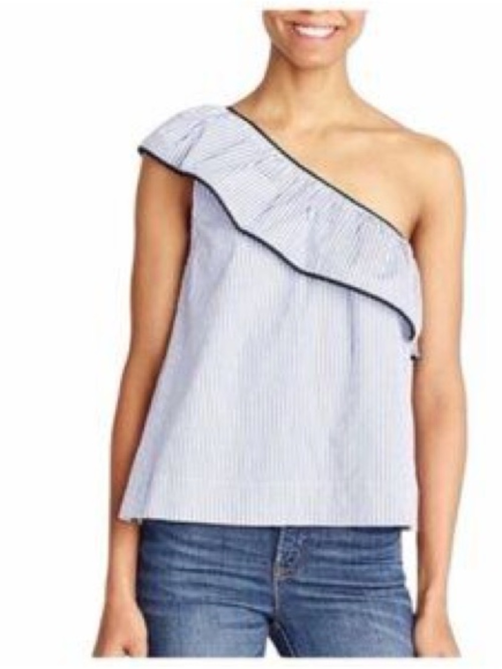 J. Crew Blue and White Striped One-Shoulder Ruffle Top Size 8